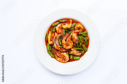 Spicy stir fried seafood and yard long bean with red curry paste. Thai food