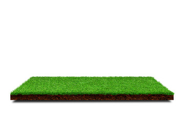 Side view of Square artificial green grass covered brown soil ground isolated on white background.