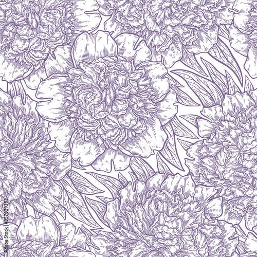 Seamless pattern with peonies flower hand drawn in lines. Graphic doodle elements. Isolated vector illustration, template for design