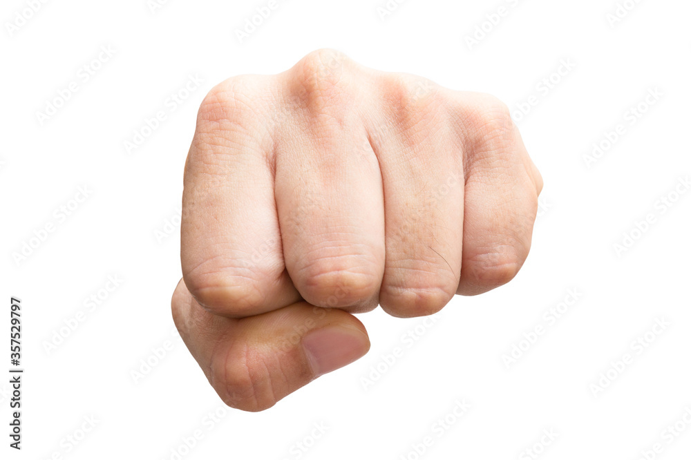Male hand gesture with fist front side clenched ready to punch isolated on white background Male hand gesture with fist front side clenched ready to punch isolated on white background
