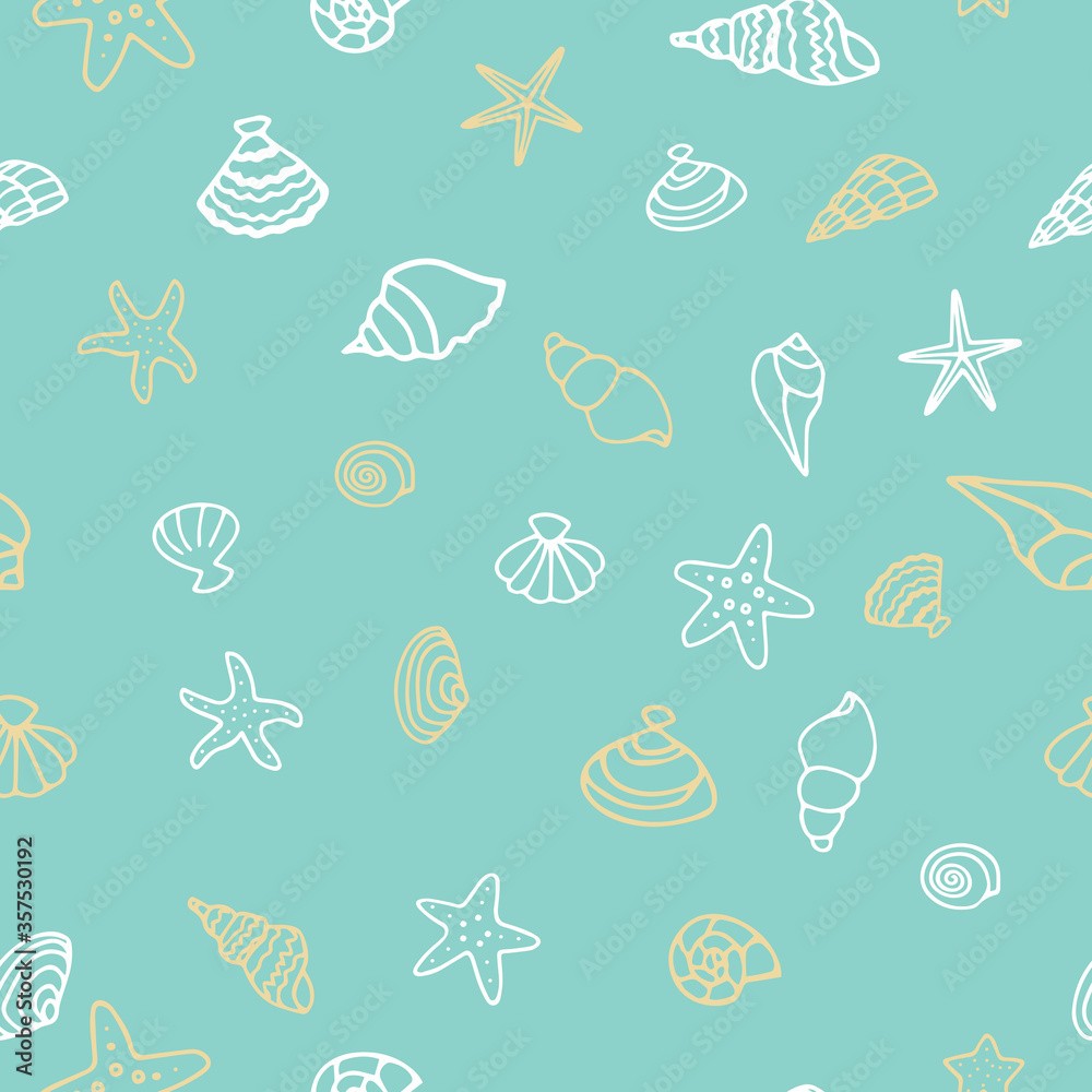 Pattern of seabed with seashells, starfish, coral, seaweed. Vector illustration. Hand drawn doodles.