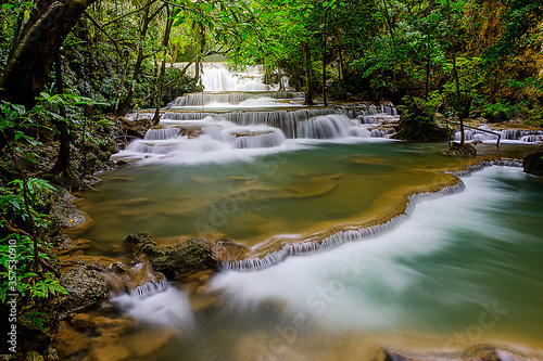 Fototapeta Naklejka Na Ścianę i Meble -  Huai-mae-kha-min waterfall beautiful 1th floor waterfall in the national park of Kanchanaburi Thailand