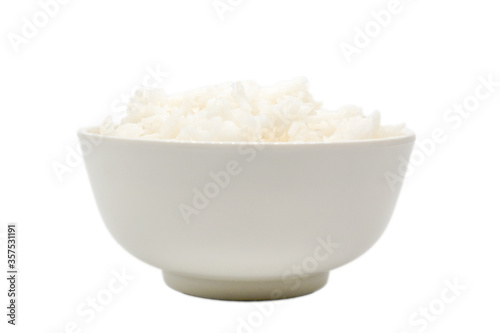 Cooked steamed organic rice in white bowl top view isolated on white background