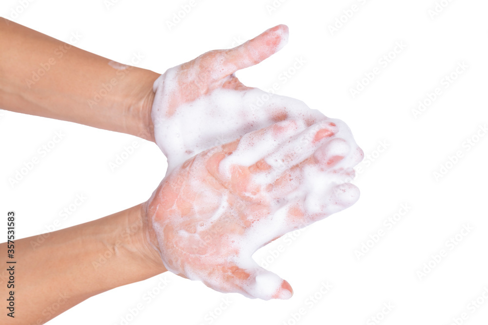 Woman use soap and washing hands isolated on white background, hygiene clean healthy concept Woman use soap and washing hands isolated on white background, hygiene clean healthy concept