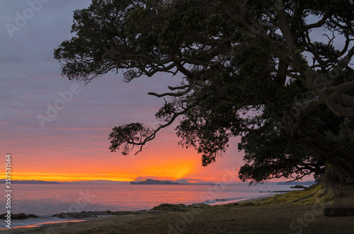Panoramic View at Narrow Neck Beach Auckland  New Zealand  Orange Dusk Colors before Sunrise Time  Fishing Spot Auckland