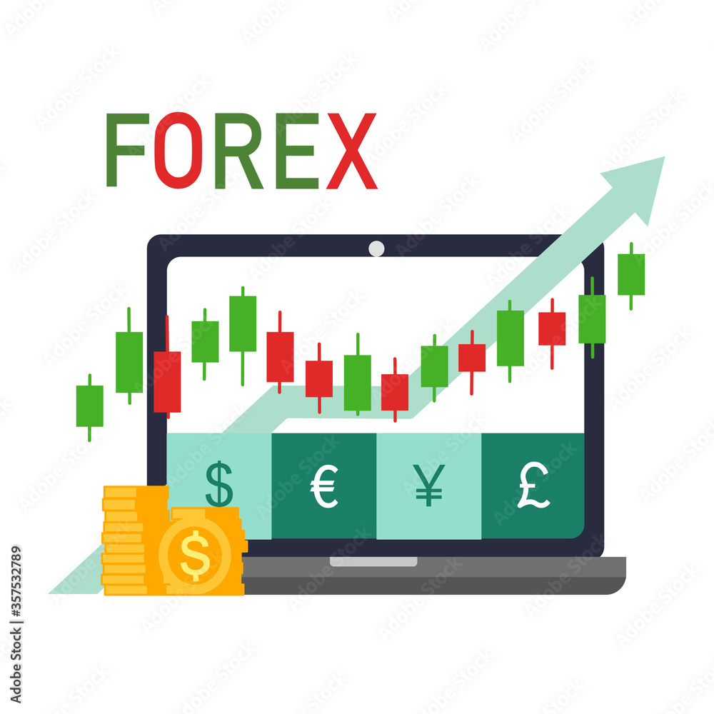 Forex trading signal, forex investment concept in flat design. Buy and sell indicator for forex trade on candlestick chart. Dollar, Euro, Japanese Yen and British Pound trade currency.
