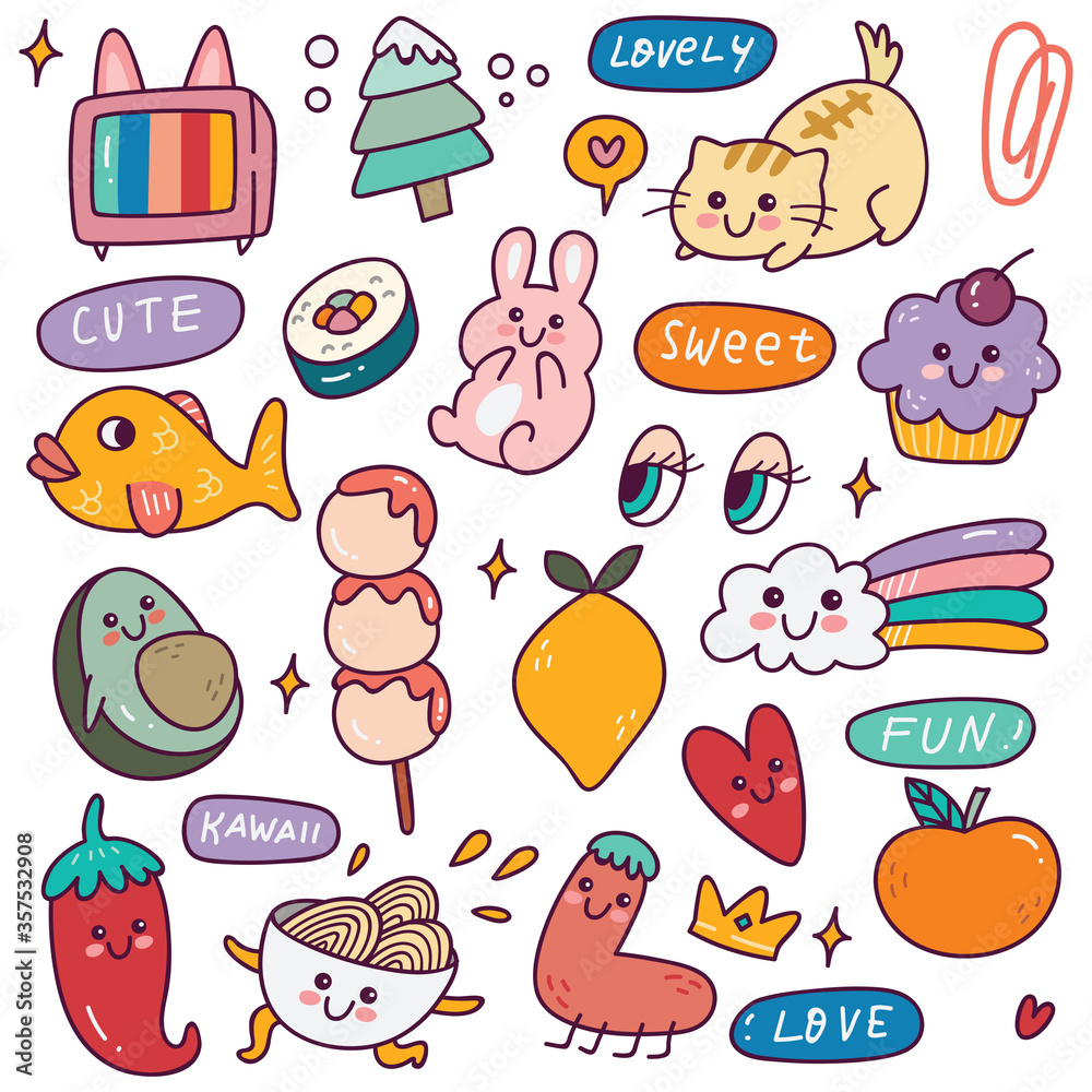 Set of Kawaii Icons, Cute Sticker Collection, Fashion Patches ...