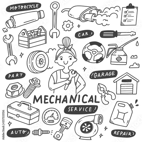 Mechanics Tools and Equipments Set In Doodle Style