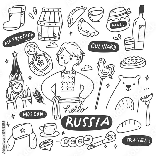 Russian Culture Doodles Set, Food and Drink, Traditional Clothes