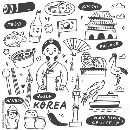 Hand Drawn Korea Doodle Set, Traditional Clothes, Food and Drink, culture