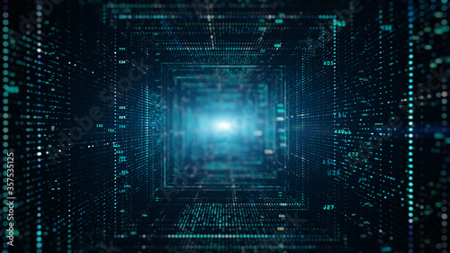 Digital tunnel of cyberspace with particles and Digital data, Technology network connections background concept.