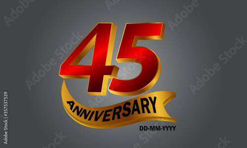 45 year anniversary Golden ribbon celebration logotype. anniversary logo with Red and Gold color isolated on grey background, vector design for celebration, invitation card - vector