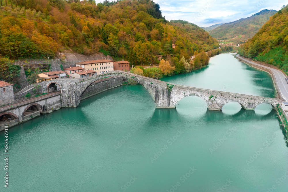 aerial view of the medieval bridge of the devil village in mozzano lucca Tuscany