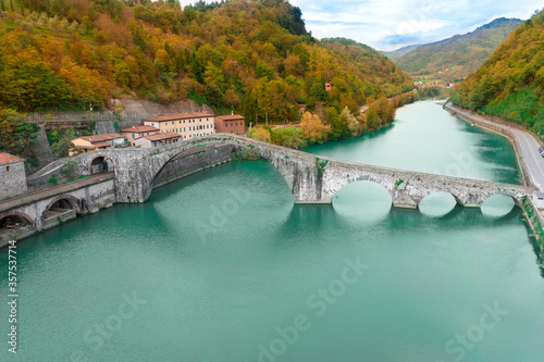 aerial view of the medieval bridge of the devil village in mozzano lucca Tuscany