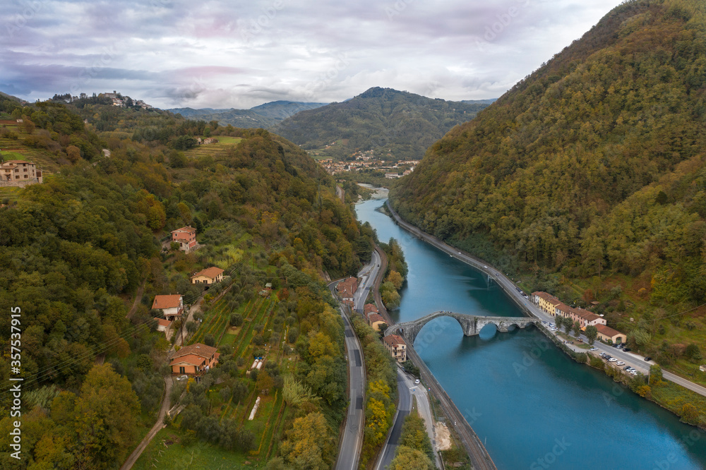 aerial view of the medieval bridge of the devil village in mozzano lucca Tuscany