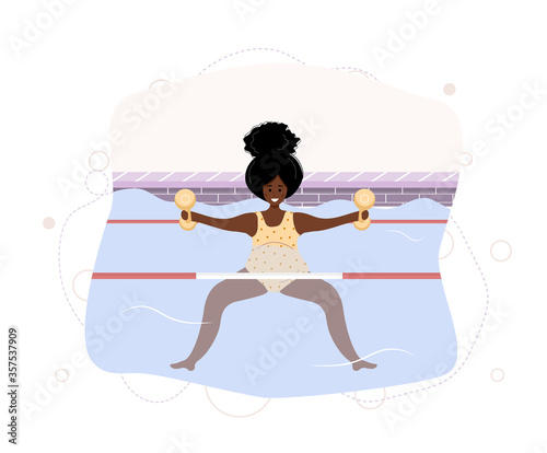 African pregnant woman in bikini in pool. Aqua fitness and aerobic. Healthy lifestyle. Young mother exercising in water with weights. Vector illustration in flat style. Cartoon character.