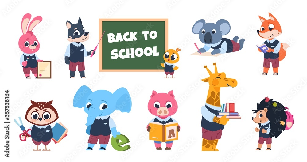 Fototapeta premium School animal characters. Funny cartoon kids reading writing and studying at school, educational illustration. Vector illustrations cute young animals on white background