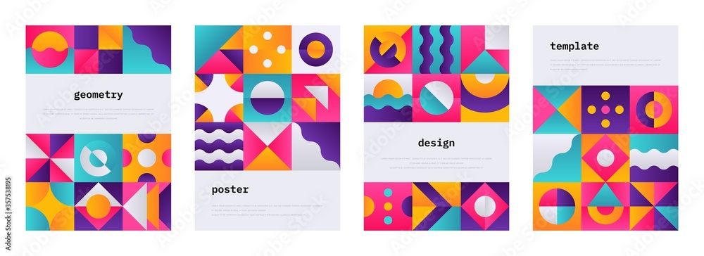 Geometric shape poster. Memphis journal cover with Swiss geometric composition, banner flyer with abstract bauhaus shapes. Vector geometrical colorful patterns or wallpaper set