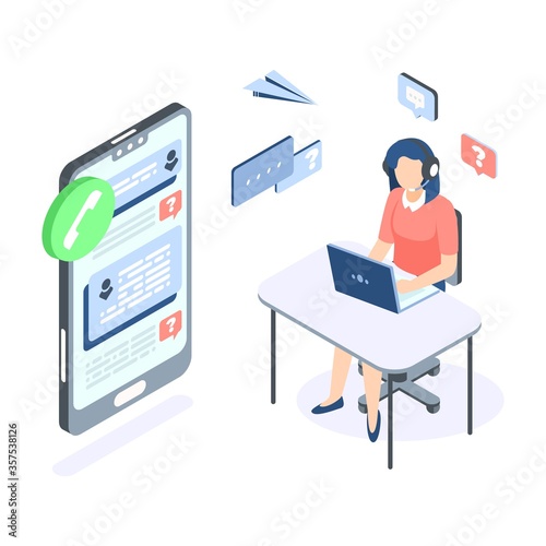 Call center isometric concept. Support customer help web banner. Vector illustration professional supporting services technology on white background