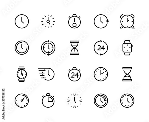 Clock line icons. Time management and schedule planning, simple line symbols of calendar alarm wrist watches and hourglass. Vector image time and date set