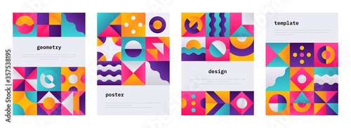 Geometric shape poster. Memphis journal cover with Swiss geometric composition  banner flyer with abstract bauhaus shapes. Vector geometrical colorful patterns or wallpaper set