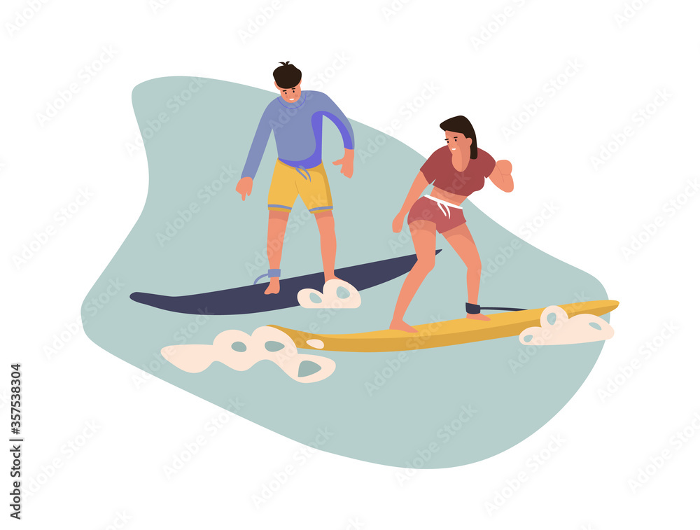 Fototapeta premium Cartoon character surfing. Vector colour image people beach activities. Summer illustrations surfboard on waves on white background