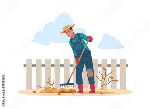 Agricultural worker cartoon character doing farming job. Vector illustration agriculture human work in garden