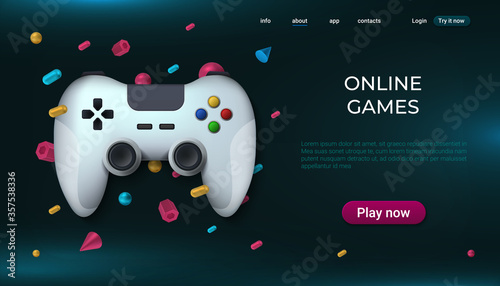 Game landing page. Home and online playing concept with realistic gamepad, game streaming website. Vector isometric design PC and console gaming