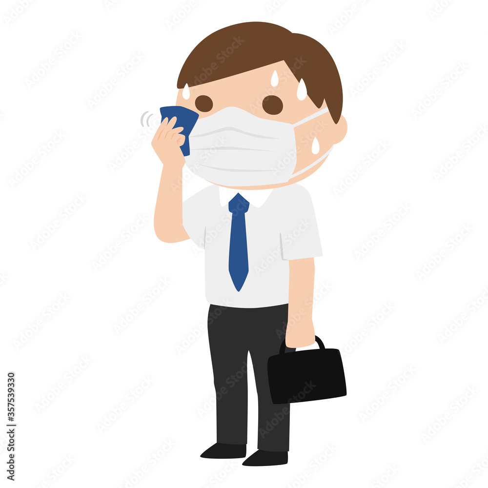 夏にマスクをしてる会社員の男性。暑くて汗をハンカチで拭いてるイラスト。