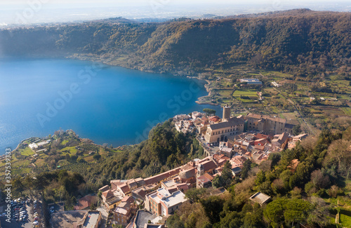 aerial view of the town of nemi on the roman castles with lake view