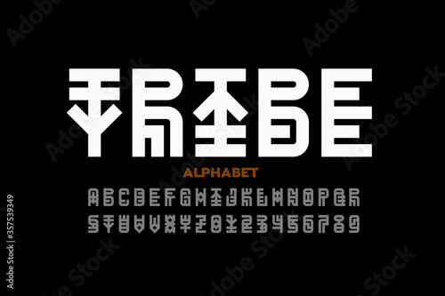 Tribal style font, alphabet letters and numbers
