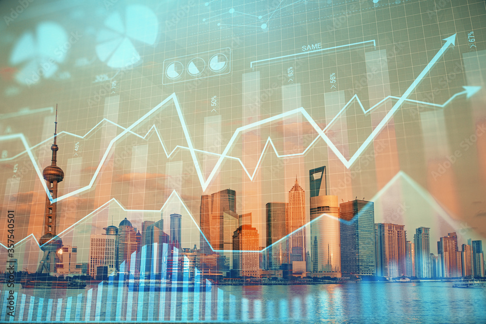 Forex graph on city view with skyscrapers background double exposure. Financial analysis concept. Forex graph on city view with skyscrapers background double exposure. Financial analysis concept.