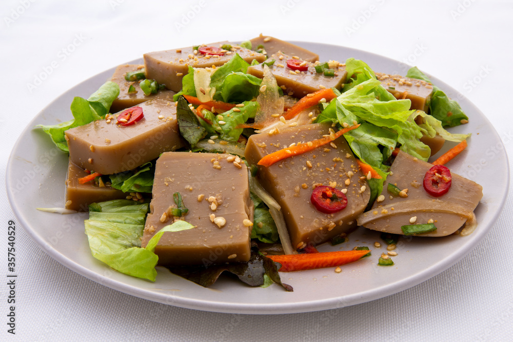 Seasoned Acorn Jelly Salad which is called Muk made of buckwheat Seasoned Acorn Jelly Salad which is called Muk made of buckwheat