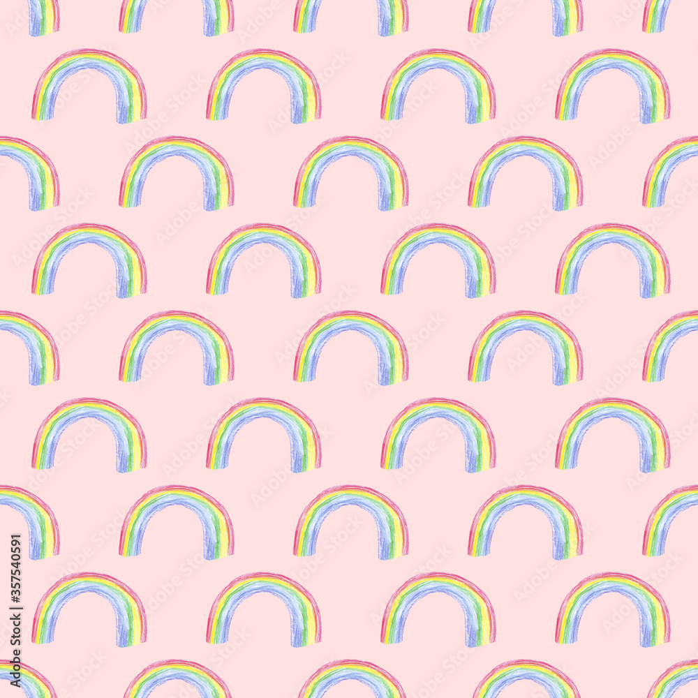 rainbow hand drawn color pencils in a children style. seamless pattern on a pink background rainbow hand drawn color pencils in a children style. seamless pattern on a pink background