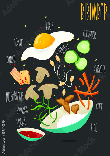 Bibimbap. Traditional Korean dish, rice with vegetables and beef. Vector illustration