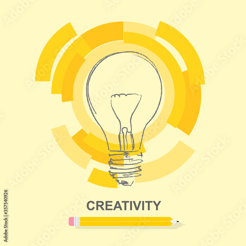 Creative thinking. Sketch drawing of glowing light bulb on orange background, doodle vector illustration