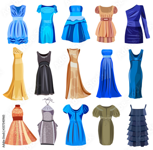 large collection of stylish evening dresses women (isolated on white).