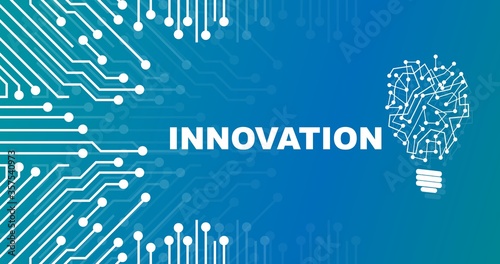 Word INNOVATION on blue background with light bulb and circuit board lines, vector illustration