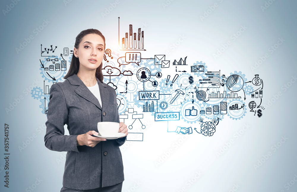 Woman with coffee and her business strategy Woman with coffee and her business strategy