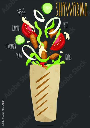 Shawarma beef roll in a pita with fresh vegetables, cream sauce. Vector illustration