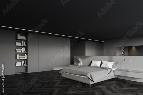 Grey master bedroom corner with bookcase © ImageFlow