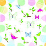 Seamless background Happy Easter pattern with eggs and colorful butterflys.