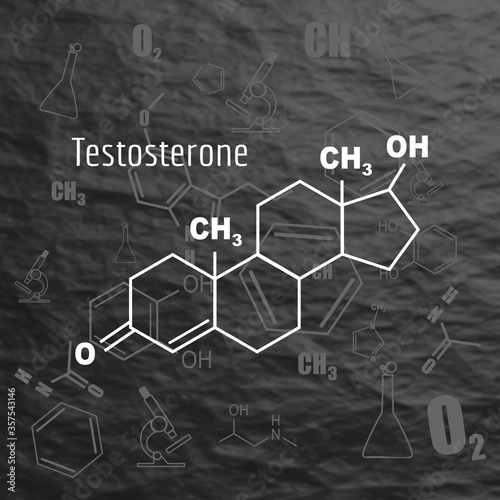 Chemical molecular formula hormone testosterone. Infographics illustration. Man silhouette. Black stone backdround.