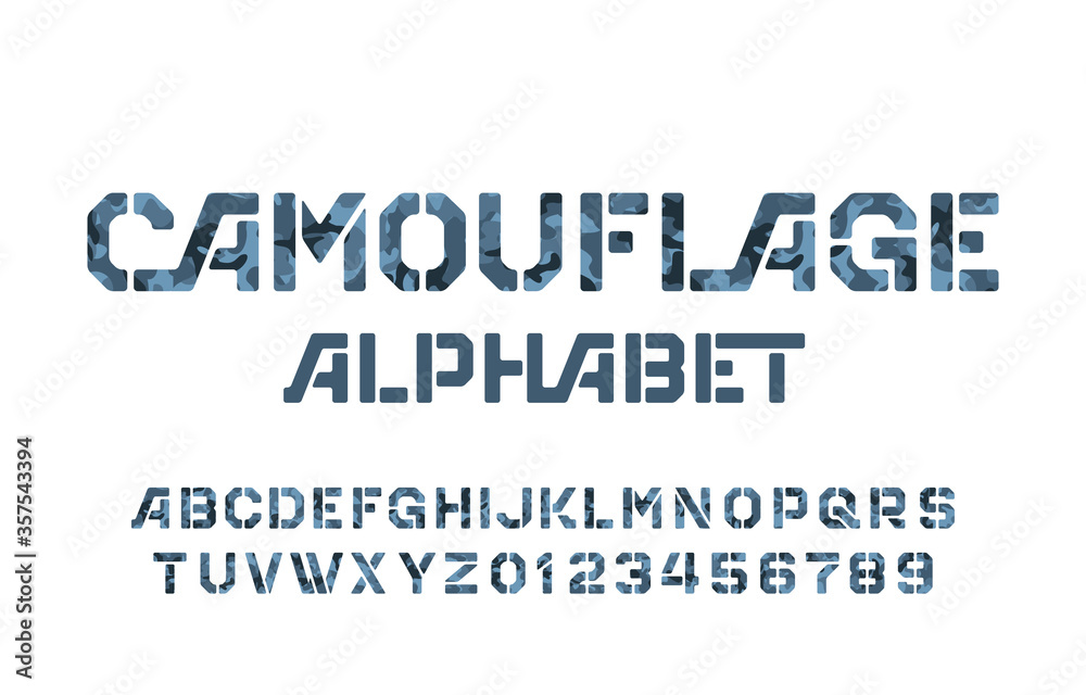 Camouflage alphabet font. Stencil letters and numbers on a white background. Vector typescript for your design.