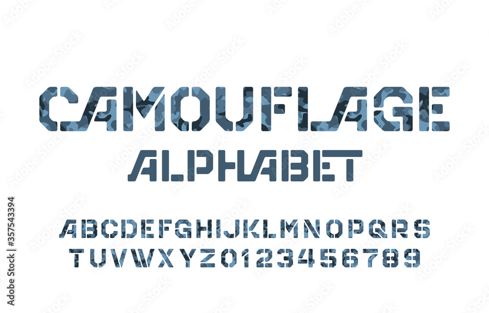 Camouflage alphabet font. Stencil letters and numbers on a white background. Vector typescript for your design. Camouflage alphabet font. Stencil letters and numbers on a white background. Vector typescript for your design.
