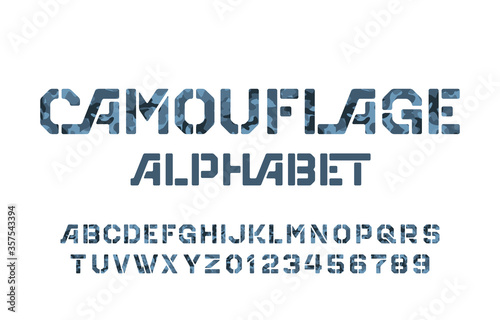 Camouflage alphabet font. Stencil letters and numbers on a white background. Vector typescript for your design.