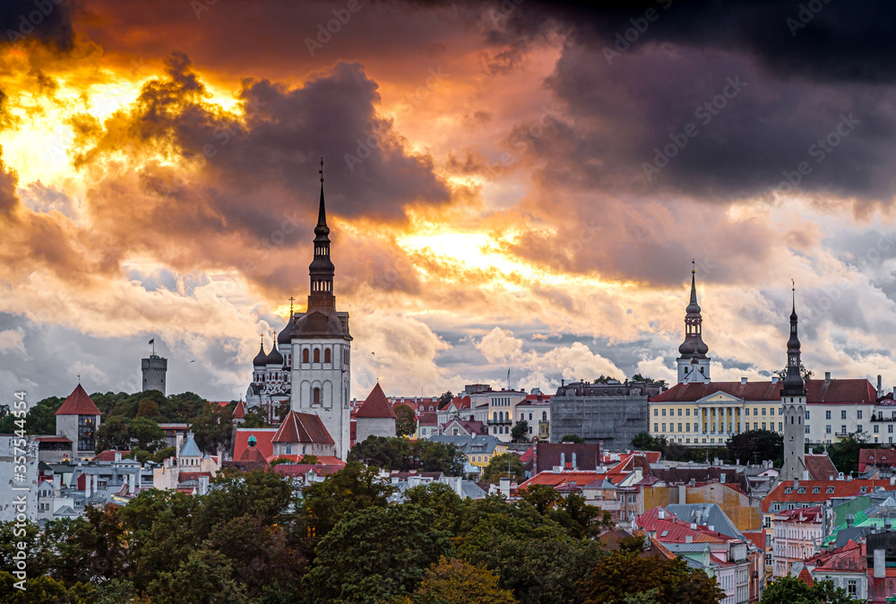 Skyline of Tallinn Old Town, Estonia during sunset in a cloudy day 