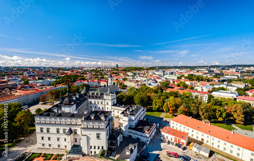 Aerial view of Old Town Vilnius, Lithuania with The Palace of the Grand Dukes of Lithuania in the foreground