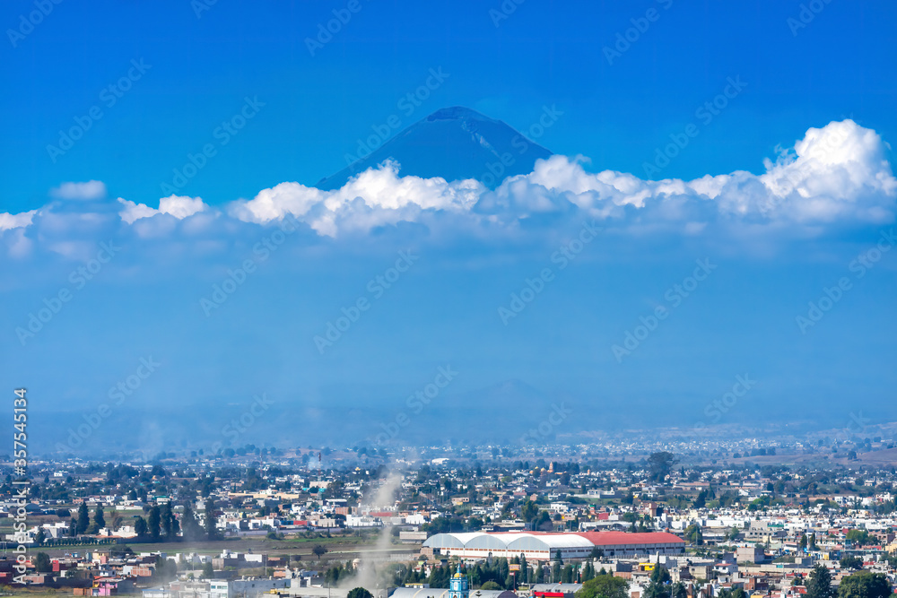 Overlook Colorful Churches Volcano Popocatepetl Cholula Mexico Overlook Colorful Churches Volcano Popocatepetl Cholula Mexico