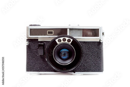 An old film camera on white bacground. Front view. Isolate.